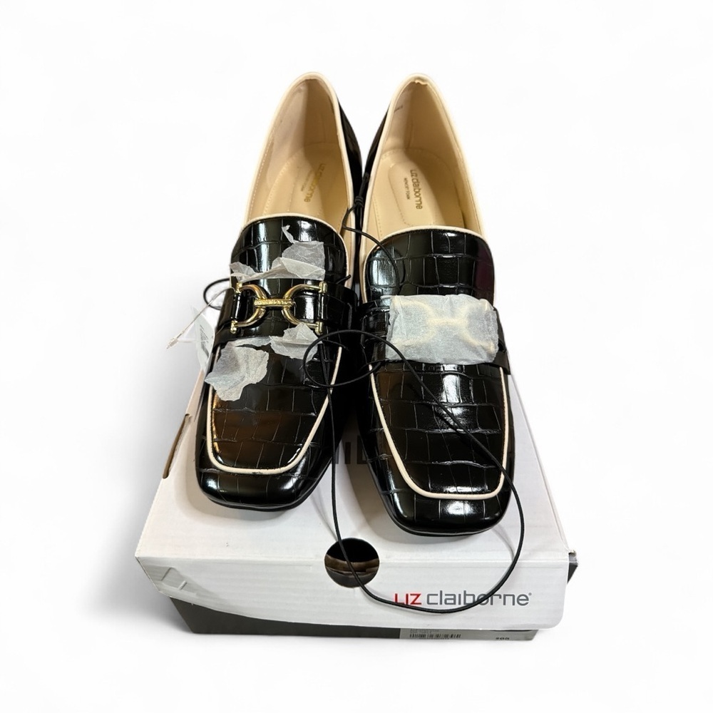 Liz Claiborne Black Croc-Embossed Loafers with Gold Bit